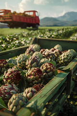 Cargo truck carrying artichoke vegetable in a field. Concept of agriculture, food production, transportation, cargo and shipping.
