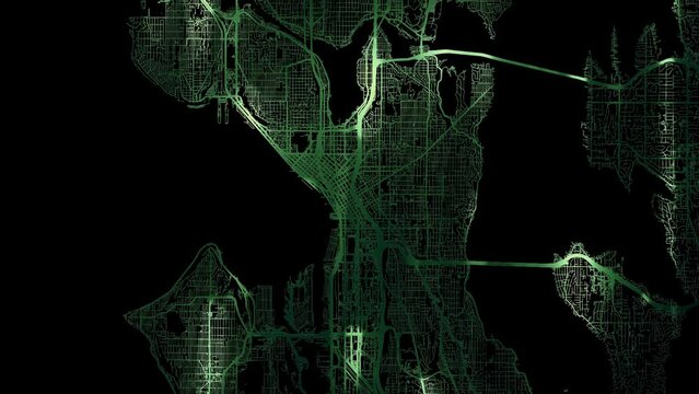 Zoom in road map of Seattle Washington with green glowing roads on a black background.