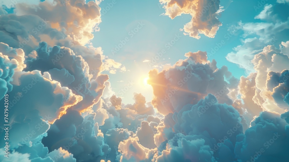 Poster sun shining through clouds in the sky. suitable for weather and nature concepts