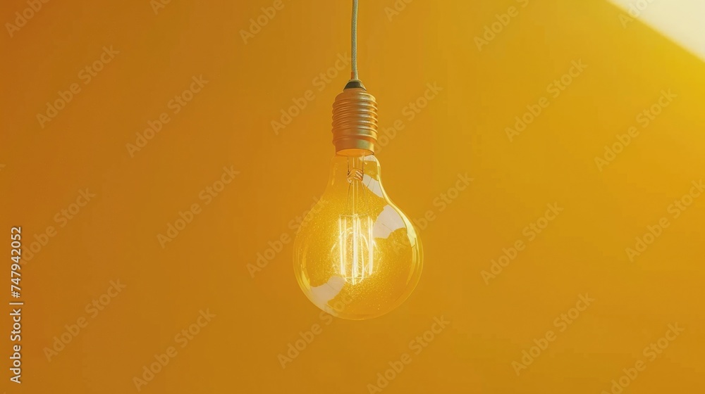Poster a single light bulb hanging from a bright yellow wall. suitable for various design projects