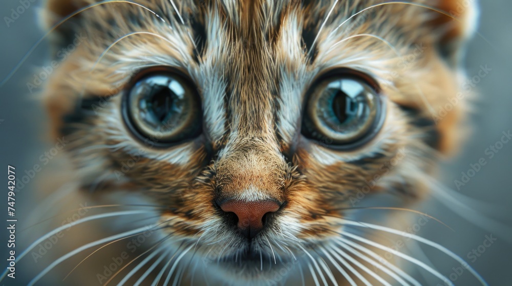 Poster close up of a cat's face with striking blue eyes, suitable for various cat-related projects