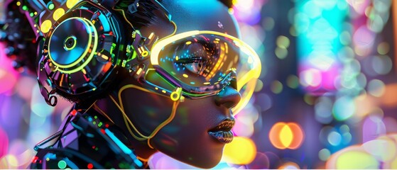 A 3D avatar adorned with futuristic cybernetic accessories and glowing neon accents