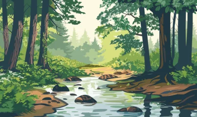 Poster A stream of river creek flowing across a dense green forest, vector illustration © baobabay