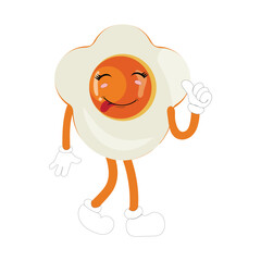 Fried egg with cute face lying cartoon illustration. Chicken egg for breakfast. Happy fried egg character. Easter, cooking, food, emotion concept
