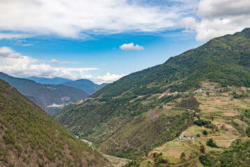 Fototapeta na wymiar The landscape and mountain of himalayas of arunachal pradesh in India.the valley of the kameng river and surrounded by high mountains on a bright morning, western arunachal pradesh in India.