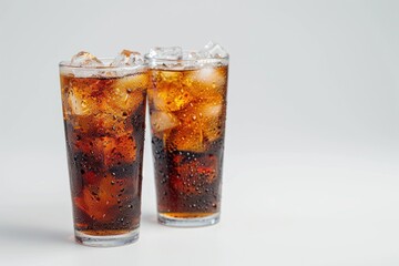 Two glasses of soda on a clean white surface. Perfect for food and drink concepts