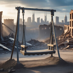swing against the backdrop of a destroyed city. Post-apocalypse - obrazy, fototapety, plakaty