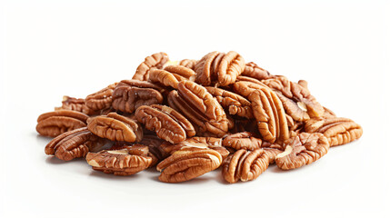Pile of shelled pecans on a white background