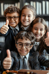 Group of children smiling, having thumbs up doing their dream job as Lawyers sitting in their office with books in the background. Concept of Creativity, Happiness, Dream come true and Teamwork.