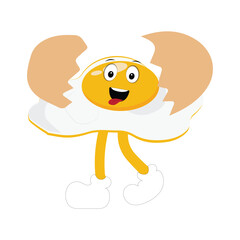 Fried egg with cute face lying cartoon illustration. Chicken egg for breakfast. Happy fried egg character. Easter, cooking, food, emotion concept