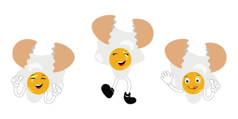 Fried egg with cute face lying cartoon illustration. Chicken egg for breakfast. Happy fried egg character. Easter, cooking, food, emotion concept