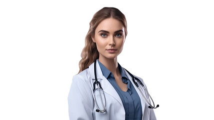 Female health care worker in a blue uniform smiling at camera isolated on white background