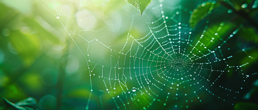 Extreme close-up of a spider web with dew morning light