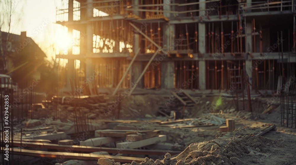 Poster a construction site with a building in the background, suitable for construction and real estate con
