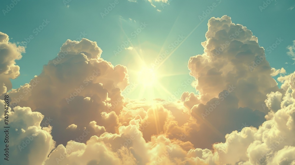 Poster bright sunlight breaking through the clouds, suitable for various concepts