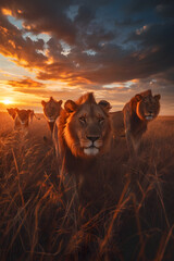 Lions standing in the savanna with setting sun shining. Group of wild animals in nature.