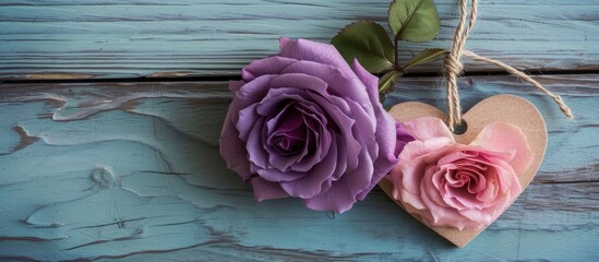 Two paper flowers, one pink and one purple, are suspended on a string against a neutral background. The flowers appear to be delicately swaying in the air, creating a simple and elegant visual display