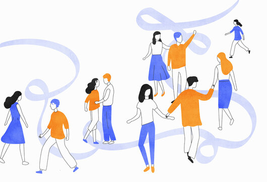 Young people on path walking and meeting