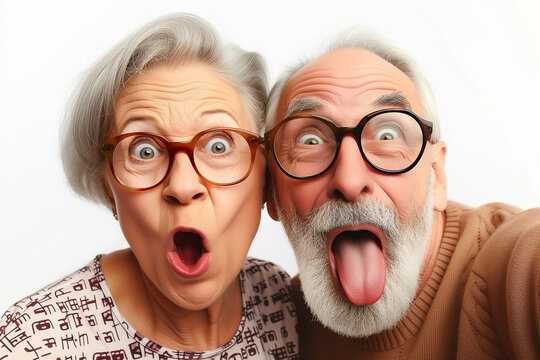Old  couple with glasses looks angry and upset with tongue sticked out. Image for Marketing, Sale, Promotion or Advertising Campaign.