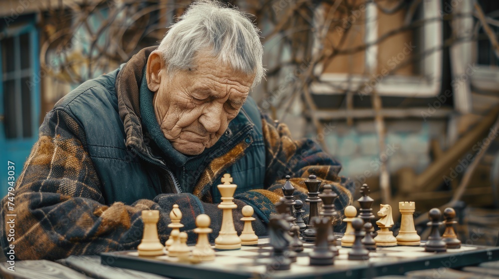 Poster elderly man engaged in a game of chess, suitable for strategy and retirement concepts