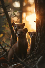 Marten family in the forest with setting sun shining. Group of wild animals in nature.