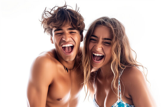 Teenagers wearing beachwear, toned body screaming of joy isolated on white background. Image for Marketing, Sale, Promotion or Advertising Campaign.