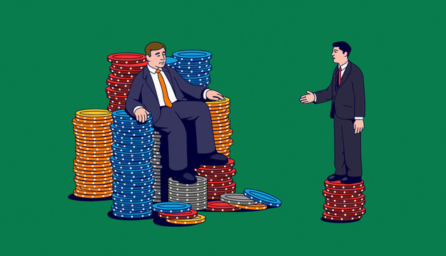 Two businessmen negotiating with different sized piles of bargaining chips