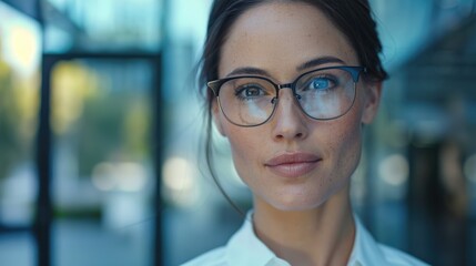 Fototapeta premium A woman wearing glasses standing in front of a building, suitable for business or architecture concepts