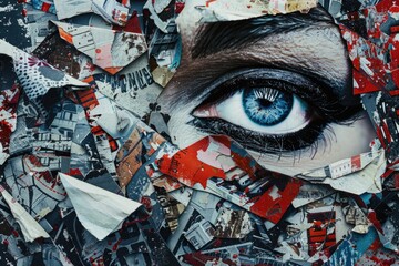 Close up of a person's eye surrounded by newspapers. Great for news or media concepts