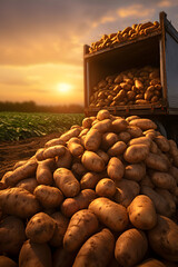 Cargo truck carrying potato vegetables in a field with sunset. Concept of food production, transportation, cargo and shipping.
