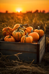 Orange pumpkins harvested in a wooden box with field and sunset in the background. Natural organic fruit abundance. Agriculture, healthy and natural food concept. Vertical composition.