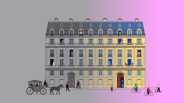 City apartment building in past and modern times