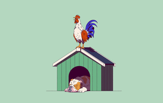 French cockerel crowing on top of British bulldog’s kennel