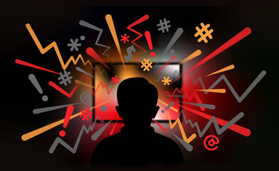 Boy in front of symbols bursting from computer screen