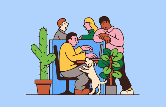 Man struggling to work in office with lots of distractions