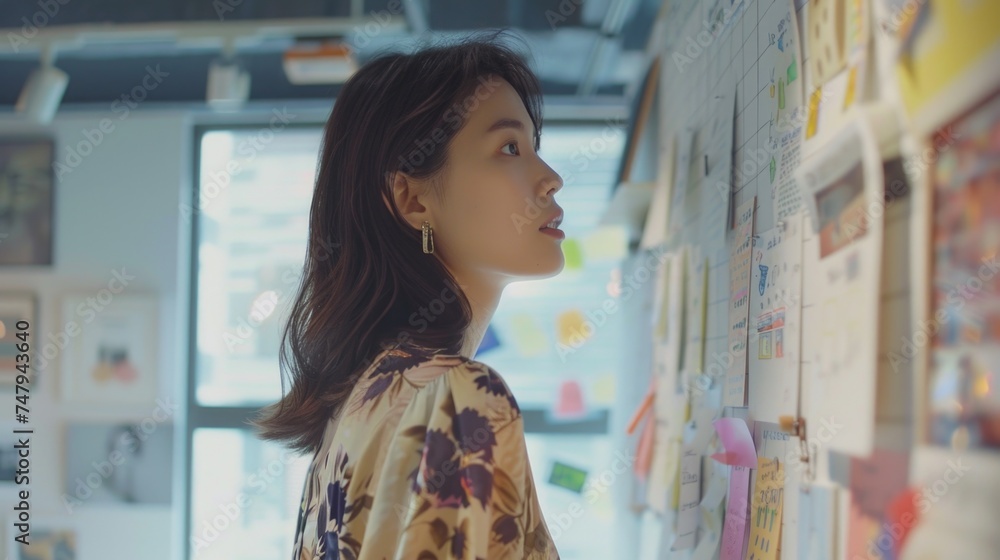 Poster woman standing in front of a wall covered in post-it notes, ideal for office or organization concept