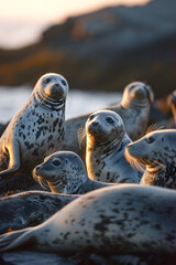 Seal family in the ocean water with setting sun shining. Group of wild animals in nature.