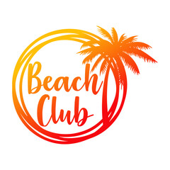 Logo vacaciones de verano. Marco circular con líneas con texto manuscrito Beach Club y silueta de la palma © teracreonte