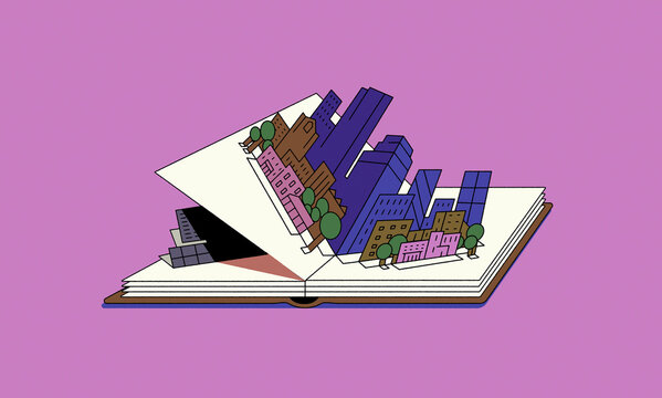Pop up city on page of book