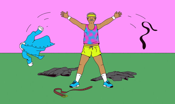 Senior man changing from suit to bright sportswear