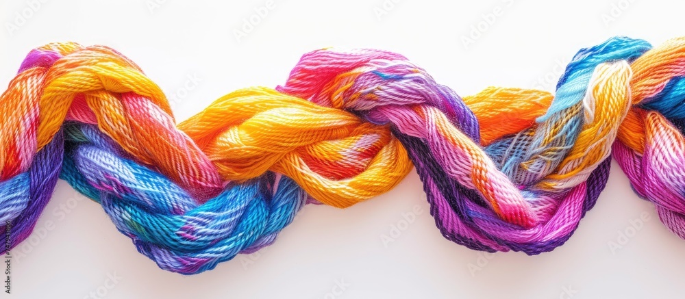 Poster three skeins of yarn in different colors and textures are neatly lined up in a row on a white backgr