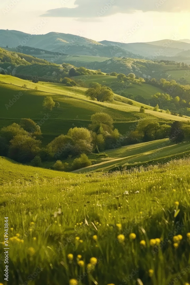 Sticker A scenic view of a green grass field with trees and hills in the background. Suitable for nature and landscape themes