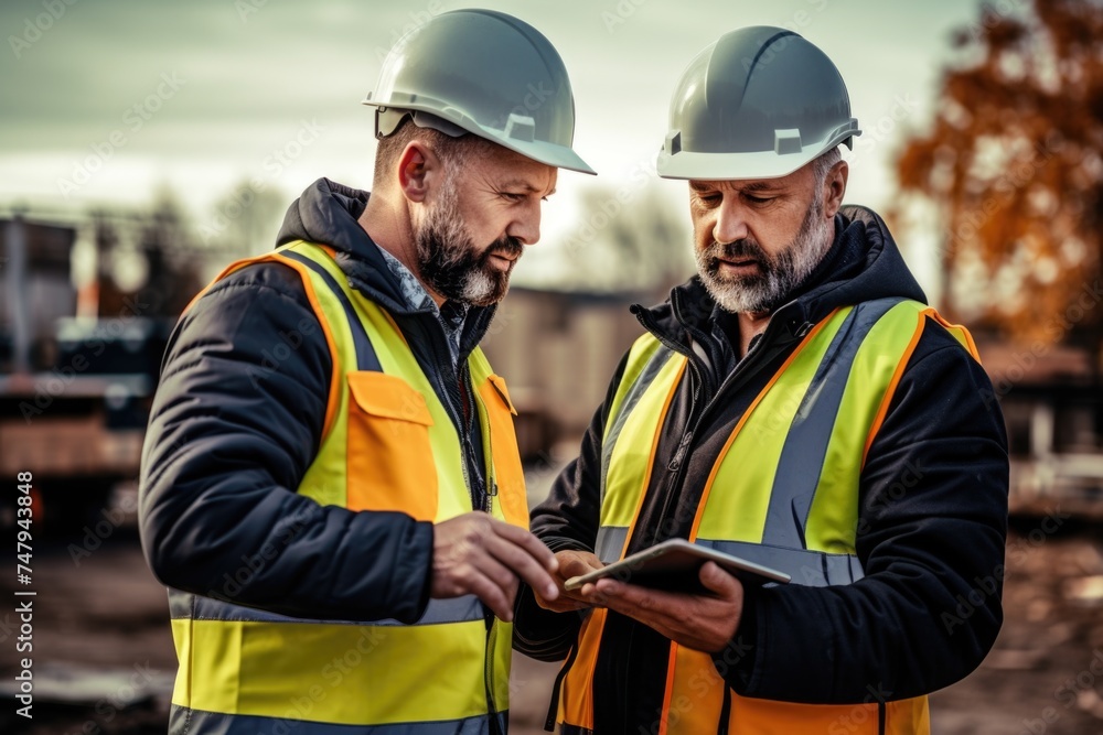 Poster two workers using tablet on construction site, suitable for technology and construction concepts