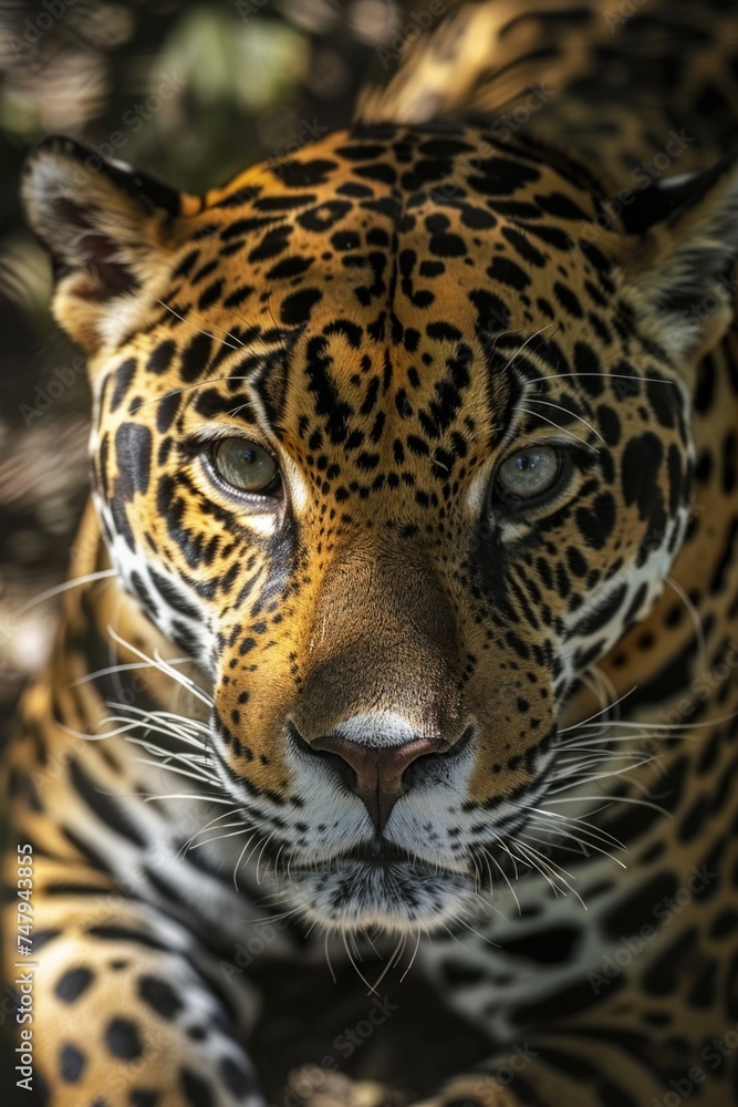 Poster Close up of a leopard's face with trees in the background. Perfect for wildlife and nature concepts