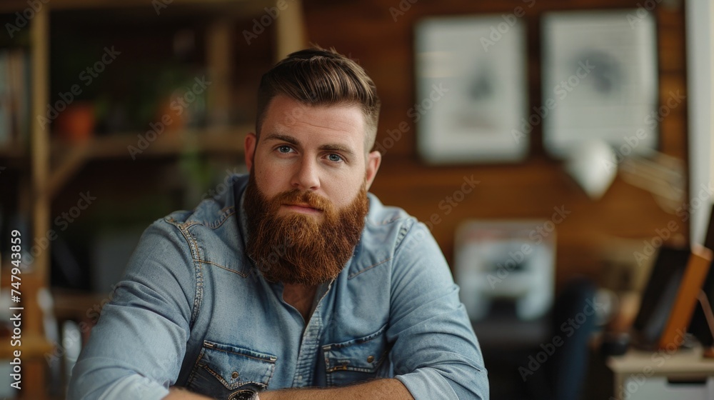 Poster a man with a beard sitting at a table, suitable for business concepts