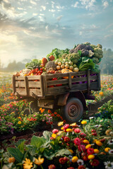 Vintage truck carrying various types of vegetables in a field with sunset. Concept of food transportation, logistics and cargo.