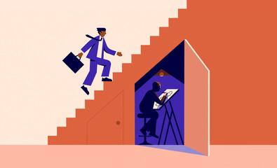 Businessman running up staircase and creative man working in dark below