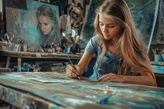 A girl painting a picture in a studio, ideal for art and creativity concepts