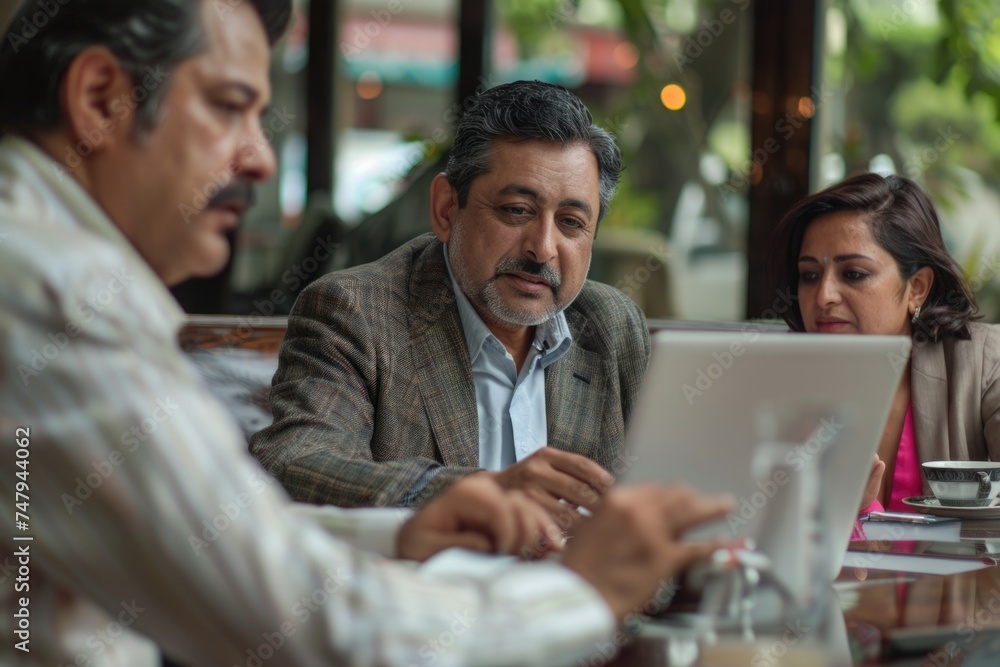Poster a group of two men and a woman sitting at a table with a laptop. suitable for business and teamwork 