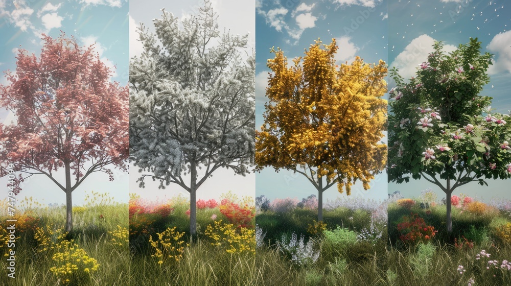 Poster A serene image of a group of trees standing in lush green grass. Ideal for nature backgrounds or environmental concepts
